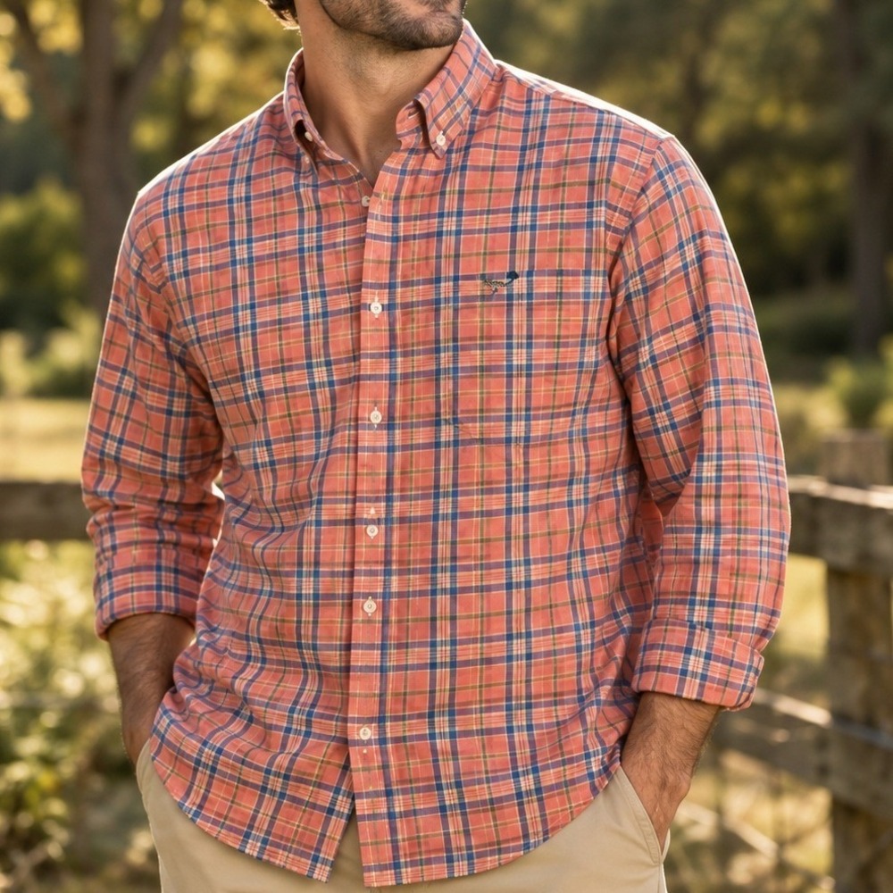 Southern Point Co Mens Large Coral Blue Plaid Cotton Button Down Shirt Preppy